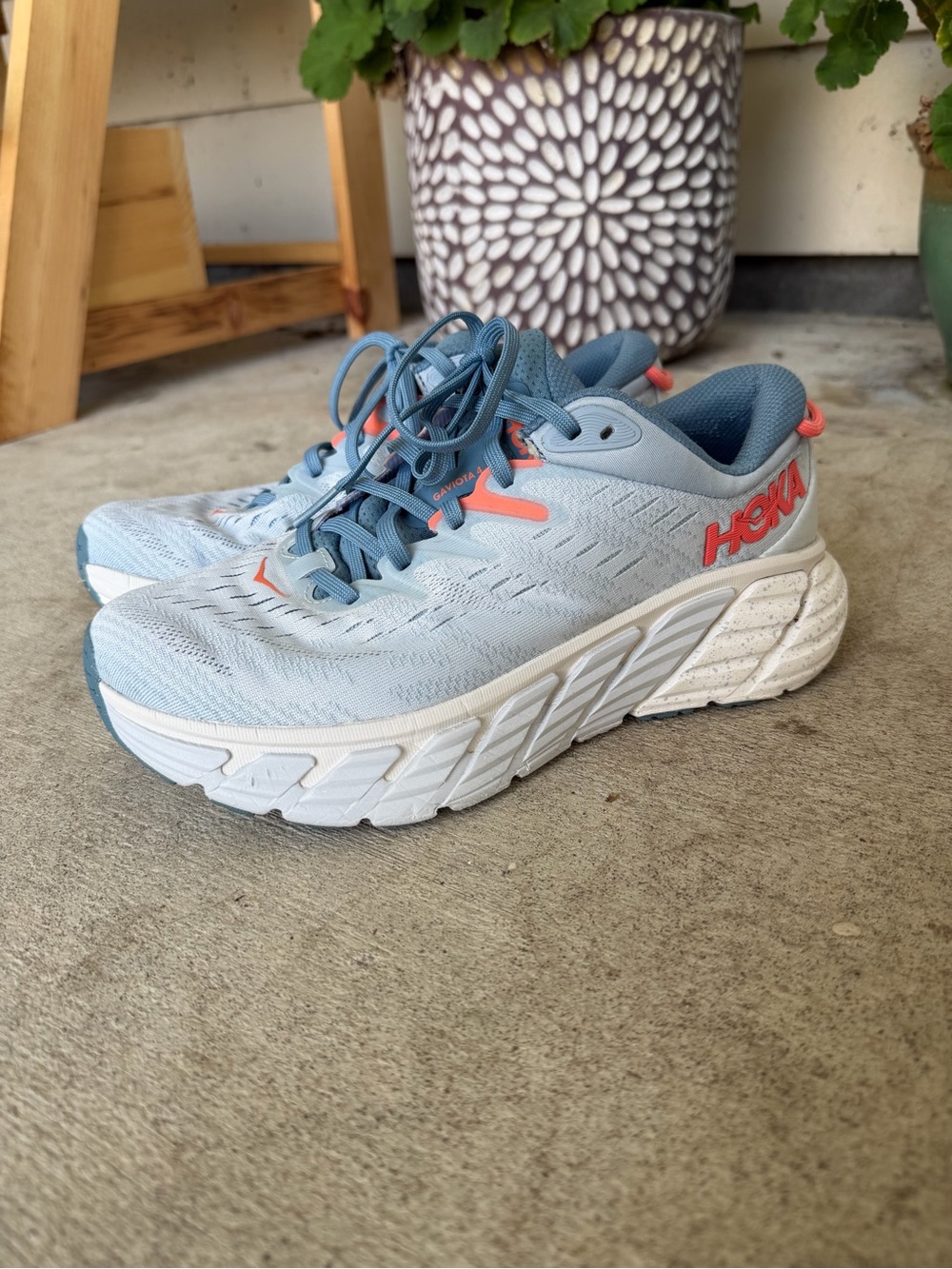 HOKA Women’s Gaviota 4 Light Blue Running Shoes with Coral Accents